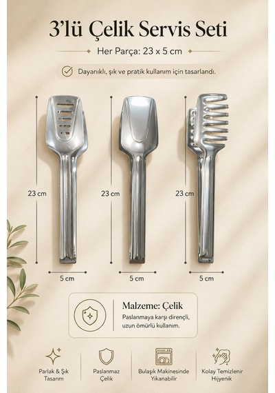 Marino 3 Lü Paslanmaz Çelik Servis Maşası Seti 23 Cm Makarna, Salata, Izgara, Ekmek Ve Açık Büfe İçin Metal Maşa