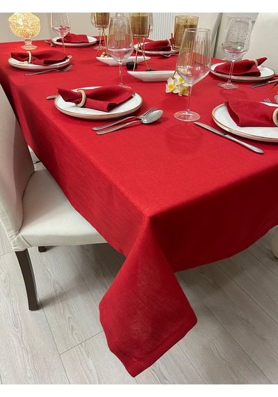 Polyester Keten Simli Masa Örtüsü Kırmızı + 12 Peçete