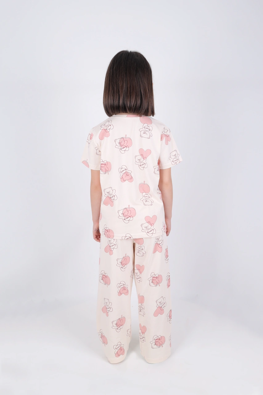 Kız Çocuk Pamuklu Kalpli Desenli Pijama Takımı Kc30102 Pudra