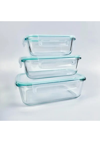 3 Lü Set 1040ml-700ml-410ml Bor Cam Kilitli Vakumlu Dikdörtgen Hava Geçirmez Kapaklı Saklama Kabı Turkuaz