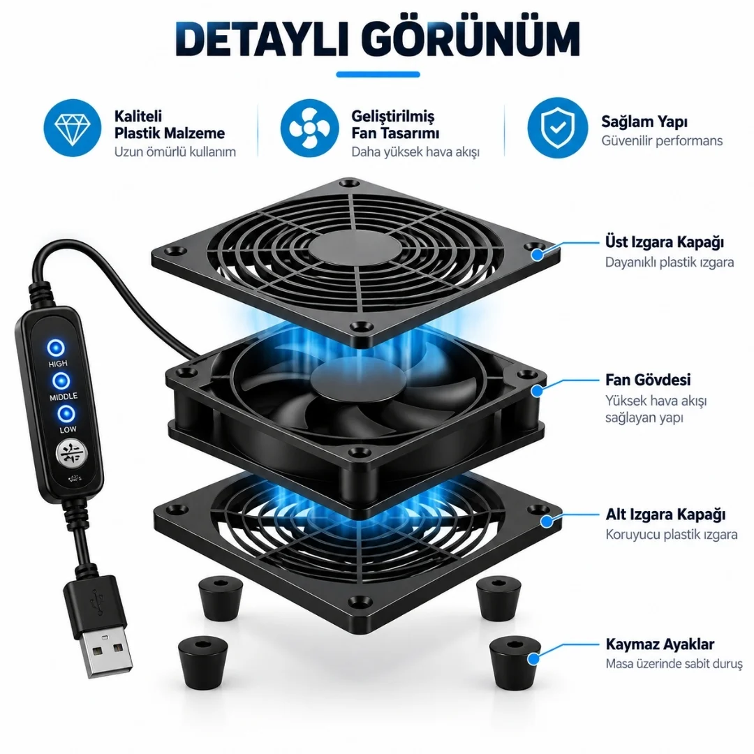 Usb Soğutucu Fan Laptop Modem Konsol Altı Hız Ayarlı 120mm 5v 3 Kademe Aç Kapa Anahtarlı