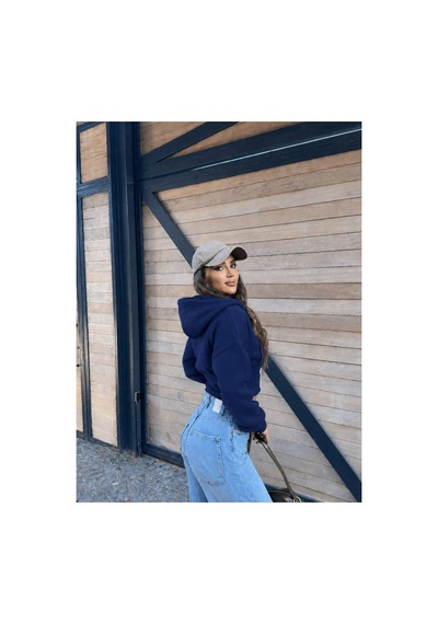 Evoa Kadın Lacivert Oversize Kol Kapüşonlu Crop Hırka