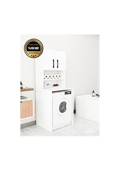 Blue Çamaşır Makinesi Dolabı Kapaklı Raflı Çok Amaçlı Beyaz