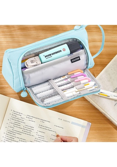 Geniş Büyük Kapasiteli Çok Fonksiyonlu Pastel Renkli Kalemlik Kalem Kutusu Çantası Makyaj Çantası Orijinal Angoo Büyük Kapasiteli Twill Kalemlik - Kalem Kutusu Mavi