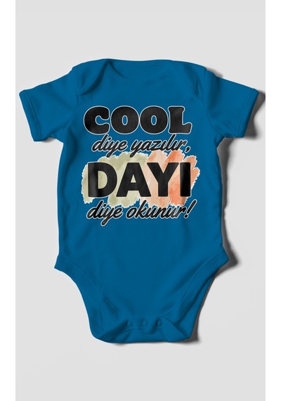 Morivokids Cool Diye Yazılır Dayı Diye Okunur Kısa Kollu Bebek Body %100 Pamuk Koyu Mavi