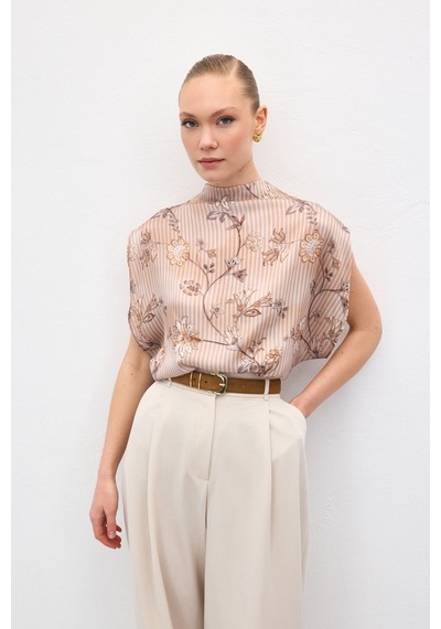 Sateen Kısa Kollu Desenli Bluz - Kahve-137042 kahve