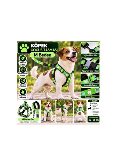 Senye Köpek Göğüs Tasması Seti Reflektörlü M Beden - Yeşil Desenli Göğüs 45-65 Cm Çok Renkli