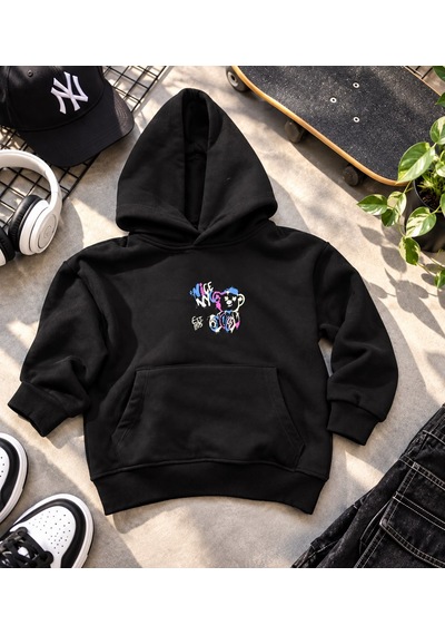 Kız - Erkek Çocuk Kapüşonlu Sırt Baskı Detaylı Sweatshirt - Hoodie siyah