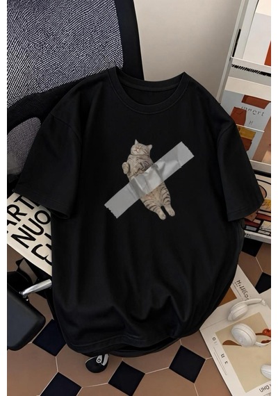 Pop Art Tarzı "bantlanmış Kedi" Desenli Pamuklu Rahat Unisex Tişört SIYAH
