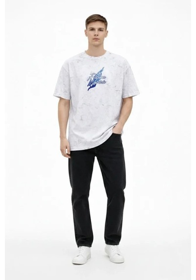 Yake Store Erkek Asit Yıkamalı Oversize Tişört Future Worlds Baskılı Bisiklet Yaka Kısa Kollu Streetwear %100 Pamuk Street Style T-shirt - Beyaz - Beyaz
