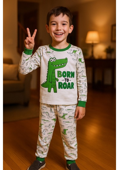Hçm Erkek Çocuk Pijama Takımı Dinozor Baskılı Bisiklet Yaka C65 Yeşil