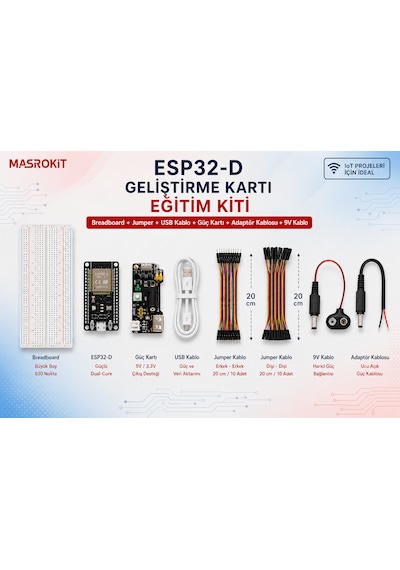 MASROKİT ESP32-D WiFi + Bluetooth Geliştirme Kartlı Eğitim Kiti (Breadboard + Jumper + Kablo+ Güç Modülü)