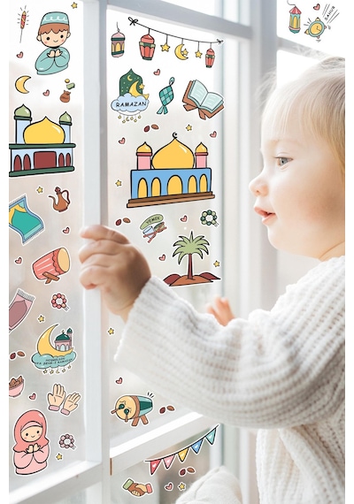 Sevimli Ramazan Figürleri Çocuk Bebek Odası Duvar Cam Dolap Kitap Mini Sticker Seti 123 Parça Karışık