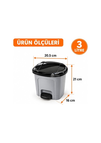 3 Litre Plastik Pedallı Çöp Kovası İç Hazneli İç Kovalı Kapaklı Çöp Kutusu, Pedallı Çöp Kutusu, Küçük Boy Banyo Ofis Mutfak Çöp Kovası Gri Belirtilmemiş