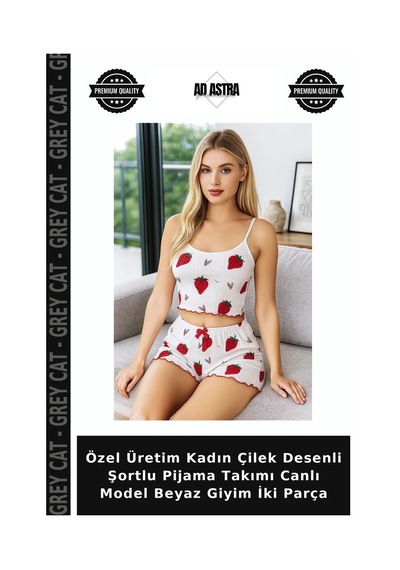 Grey Cat Özel Üretim Kadın Çilek Desenli Şortlu Pijama Takımı Canlı Model Beyaz Giyim İki Parça Pembe
