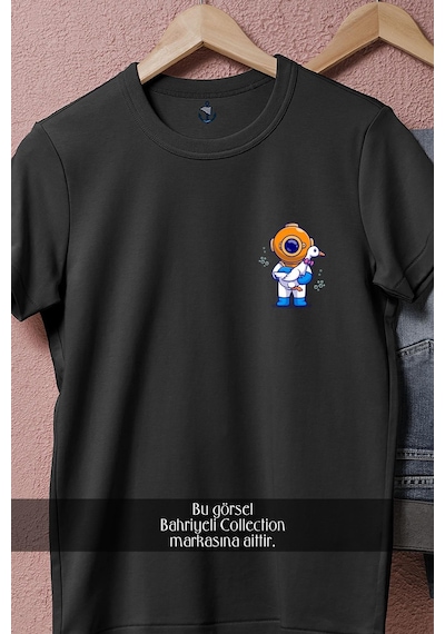 Oversize Oyuncak Ve Mini Dalgıç Cep Tasarımlı Unisex T-shirt Siyah