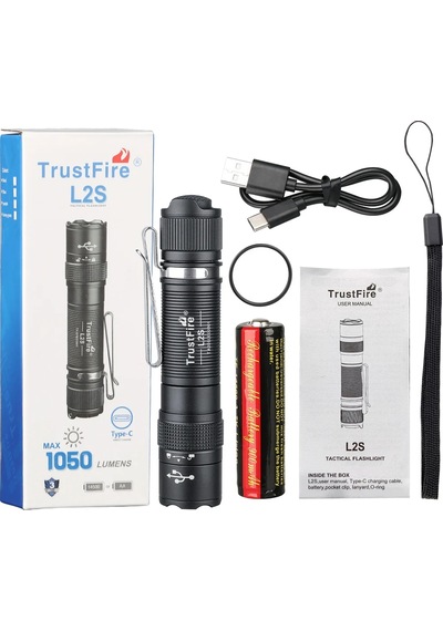 Trustfire L2s Taktik El Feneri 1050 Lümen Ipx6 14500 Taşınabilir Torch Black Sabit Odaklama Siyah