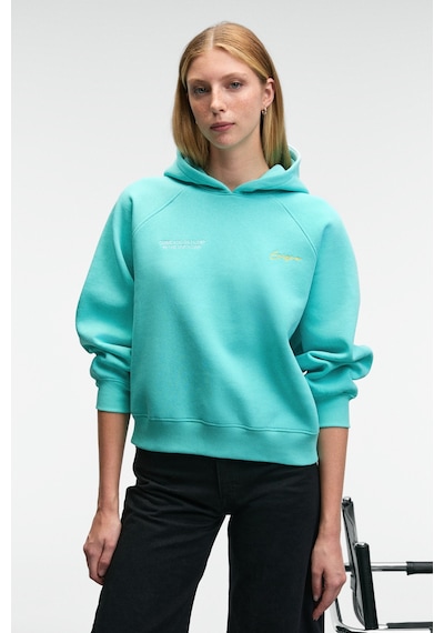 Grımelange ORINQUE Kadın Kapüşonlu Baskı ve Nakış Detaylı Oversize Turkuaz Sweatshirt