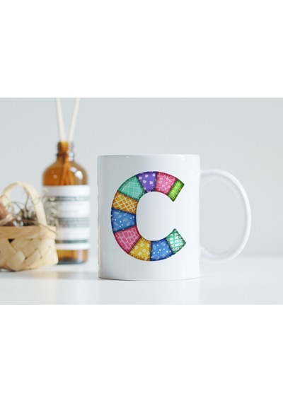 C Harfi Renkli Yamalı Tasarım Kupa Bardak - Bohem Patchwork Desenli Kupa - Etnik Hediyelik Beyaz