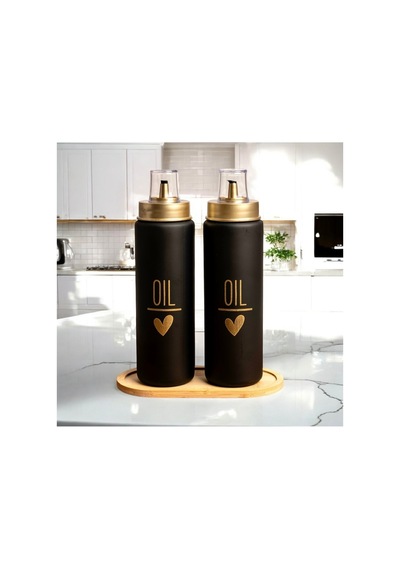 Bambu Standlı 2 Li Damlatmaz Kapaklı Siyah Cam 550 Ml Oil Yağdanlık Yağlık Set Siyah 691500954 Siyah