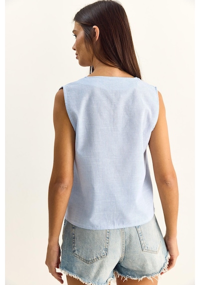 Shade Kadın %100 Pamuk Kalın Askılı Önden Bağlama Detaylı Çizgili Peplum Bluz 60282045 - Beyaz-mavi Çok Renkli