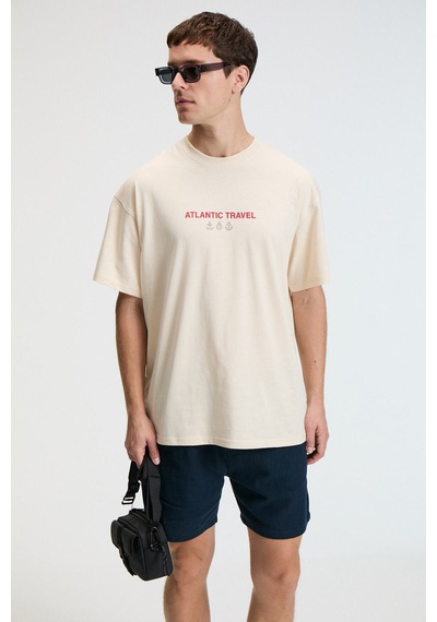 Grimelange CRUNCH Erkek Oversize %100 Pamuk Baskılı Yuvarlak Yaka Vanilya T-Shirt