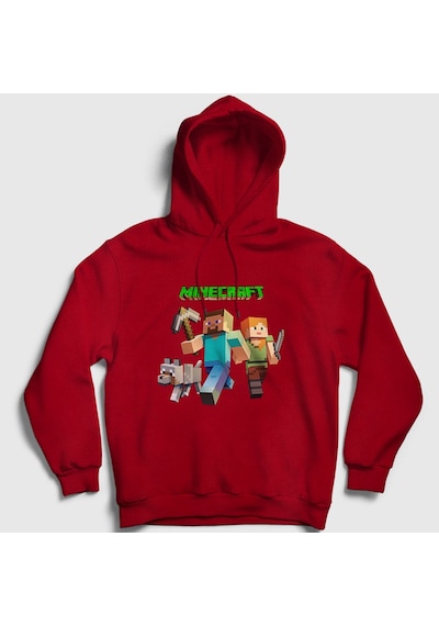 Presmono Unisex Miners Minecraft Kapüşonlu Sweatshirt Kırmızı