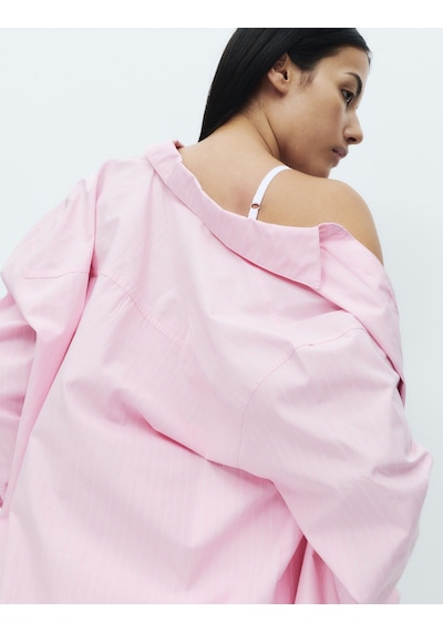 Marks & Spencer Saf Pamuklu Çizgili Poplin Pijama Üstü T37003702T Pembe