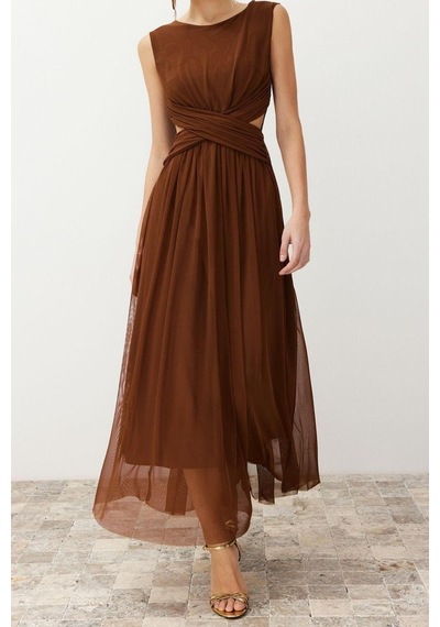 Ersefa Moda Fit Mezuniyet Balo Tül Örme Bisiklet Yaka Kolsuz Kol Skater Kahverengi Ersefa Moda Fit Mezuniyet Balo Tül Örme Bisiklet Yaka Kolsuz Kol Skater Kahverengi