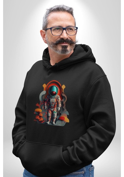 Astronot Yapay Zeka Yürüyüş Kadın Erkek Siyah Kapüşonlu Sweatshirt Hoodie Siyah