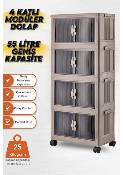 4 Katlı Modüler Dolap, 55 Litre, 360 Tekerlekli, Çok Amaçlı Saklama Ünitesi, Banyo Ve Mutfak Dolabı Toprak