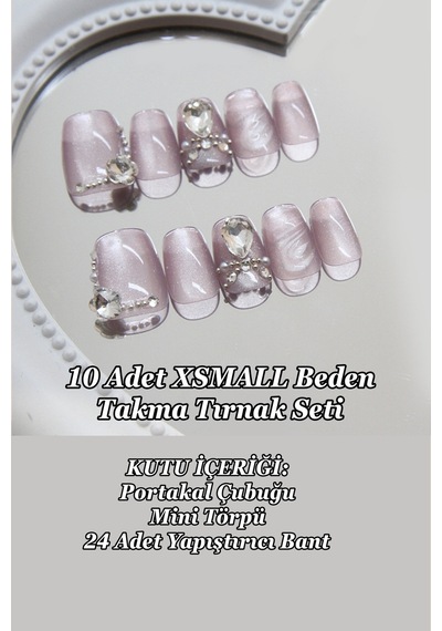 Xsmall Beden Cat Eye Kedi Gözü 10 Adet Takma Tırnak Seti T057 Elmas İşlemeli