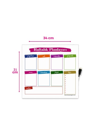 Haftalık Magnet Planlayıcı Silinebilir Mıknatıslı Yazı Tahtası 3 Adet Kalem Hediyeli 30 x 30 CM