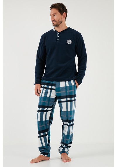 Buratti Ekoseli Regular Fit Düğmeli Bisiklet Yaka Kışlık Polar Erkek Pijama Takımı 60961008 Lacivert