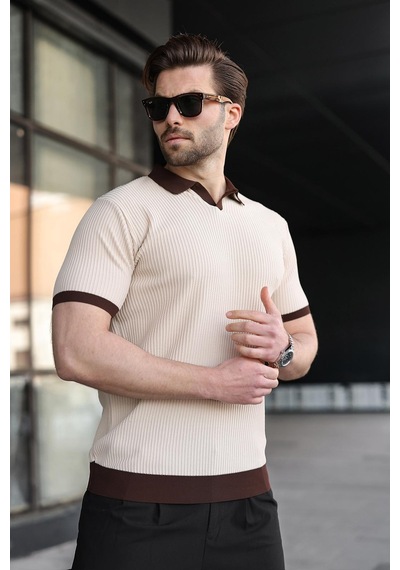 Madmext Taş Rengi Polo Yaka Triko Erkek Tişört E7464 Taş Rengi