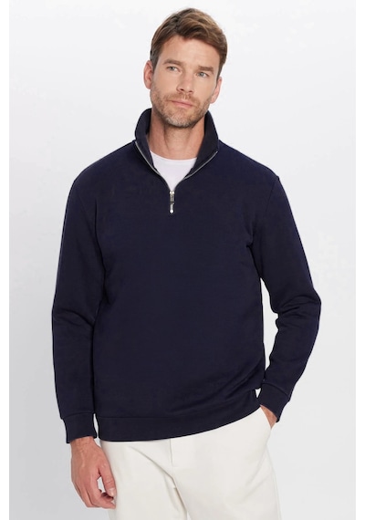 Tudors Unisex Relax Fit Rahat Kesim Pamuklu İçi Polarlı Yarım Fermuarlı Lacivert Dik Yaka Sweatshirt-32669 Lacivert