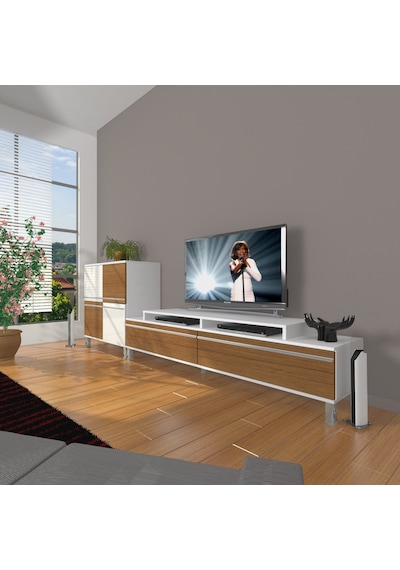 Decoraktiv Ekoflex On Mdf Krom Ayaklı Tv Ünitesi Tv Sehpası Beyaz - Ceviz