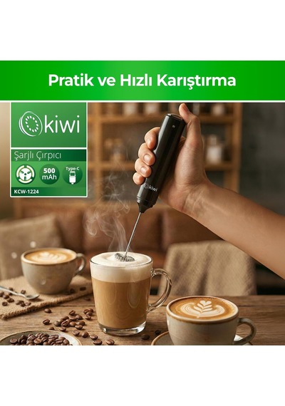 Kcw-1224 Şarjlı Kablosuz Mini Mikser Tek Bardaklık Ayran, Kahve Ve Yumurta Çırpıcı, Kapaklı Type-c Güçlü Süt Köpürtücü Belirtilmemiş