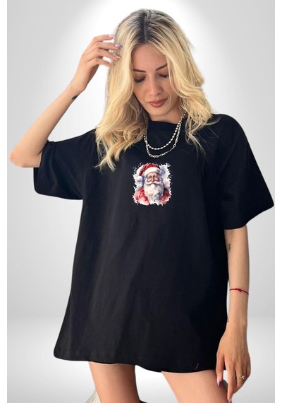 Mutlu Noel Baba Yeni Yıl Tasarımı Siyah Oversize Unisex Ön Orta Minimal Baskılı Tişört Siyah