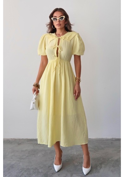 Olcay Bağcık Detaylı Beli Büzgülü Müslin Elbise Sarı 9362-e