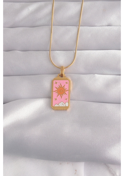 316l Çelik Gold Renk Pembe Mineli Güneş Model Tarot Kolye - Tj-bko9029 Çok renkli