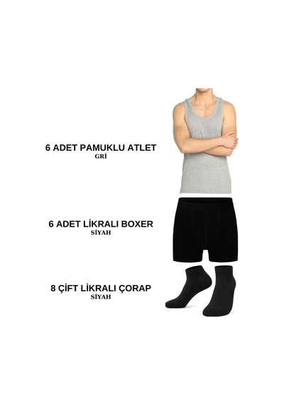 Black Swallow Erkek İç Giyim Paketi 6 Ad. Atlet 6 Ad. Boxer 8 Çift Çorap Gri-siyah-siyah