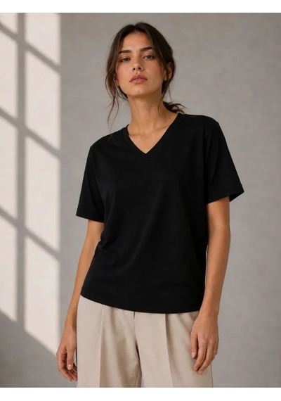 Valensdesign V Yaka Basic Tişört Kısa Kol Yazlık Regular Fit T-shirt - Siyah