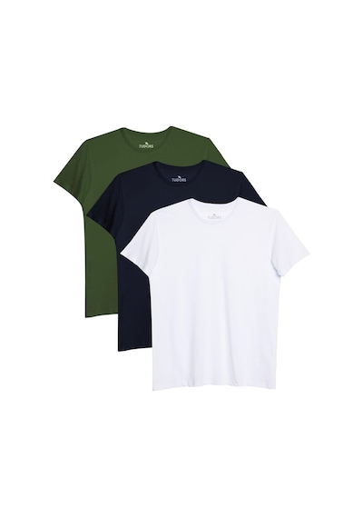 Tudors Unisex 3'lü Paket Lacivert-beyaz-haki Rengi Slim Fit Dar Kesim %100 Pamuk Bisiklet Yaka Tişört-32895 Multi Çok Renkli