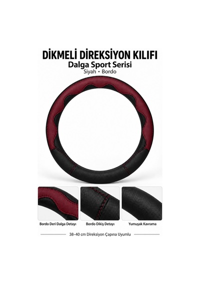 Trobus Ford Fiesta 2018-2023 Uyumlu Dikmeli Direksiyon Kılıfı Dalga Sport Deri Siyah Bordo Siyah - Bordo