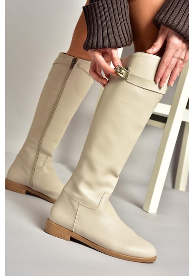 Fox Shoes T848443409 Bej Klasik Kadın Çizme Bej-suni Deri Bej