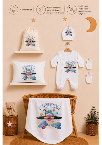 Pia Baby İsme Özel Hastane Çıkışı %100 Pamuk Erkek Bebek Organik Baskılı Tulum Set Keseli Hediyelik 2048tybkyx Krem