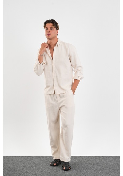 Flare Kışlık Baggy Pantolon Oversize Gömlek Alt Üst Takım %100 Pamuk Bej