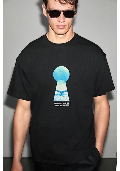 Grımelange Tıburcıo Erkek %100 Organik Pamuklu Yuvarlak Yakalı Baskı Detaylı Siyah T-shirt