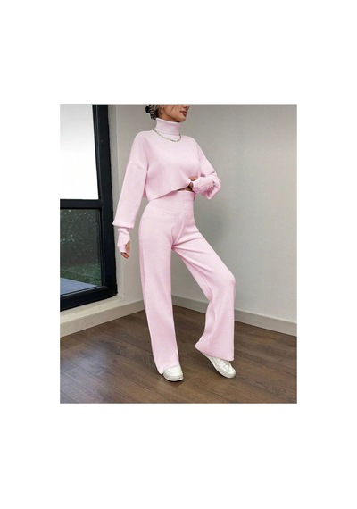 Munora Butik Parmak Geçmeli Yüksek Bel Triko Pembe Takım Pembe Pembe